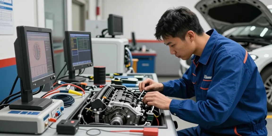 Professioneller Mechaniker in der BMW Werkstatt Hannover bei der Motorinspektion.