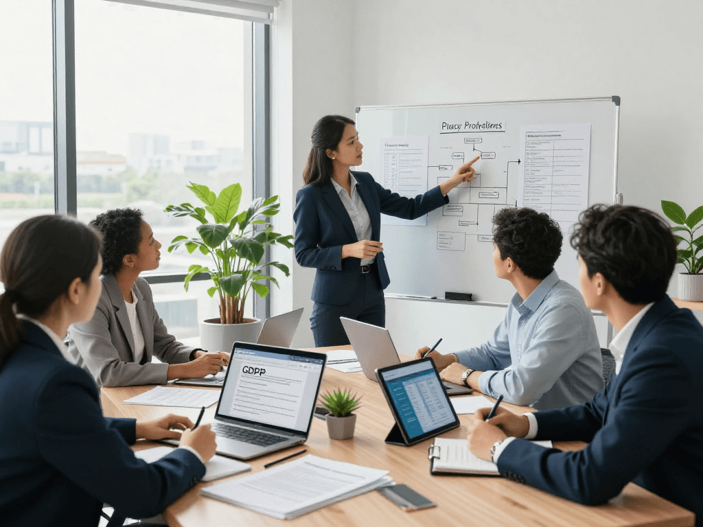 Startseite: Datenschutzexperten im modernen Büro besprechen Compliance-Strategien.