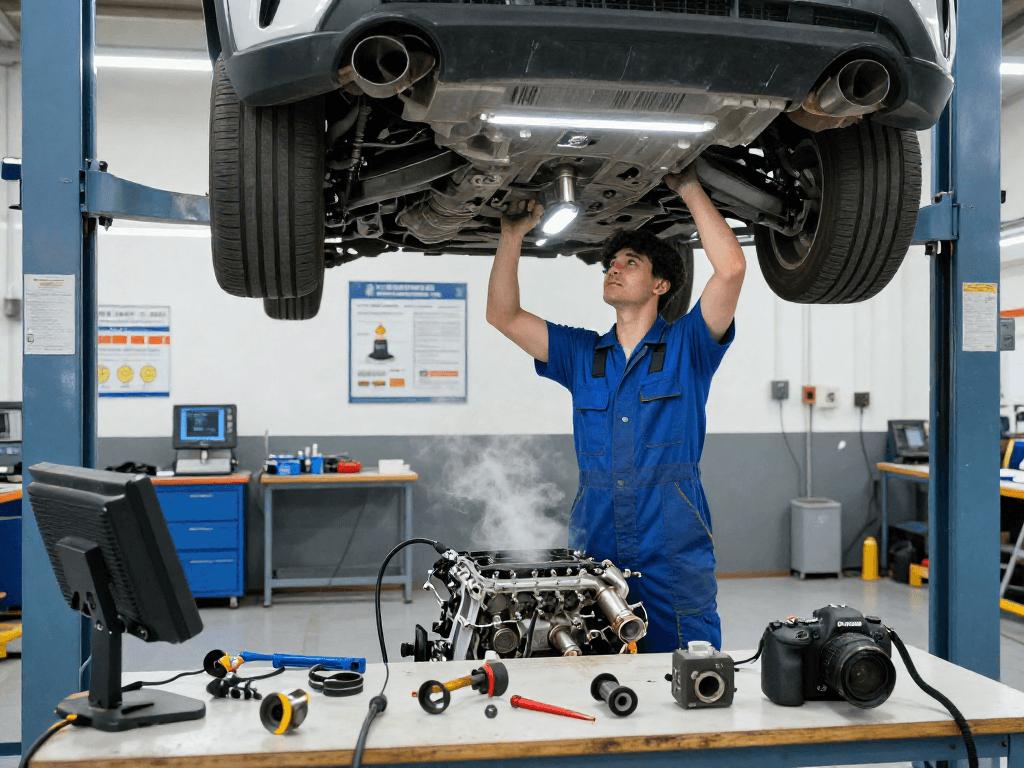 DPF Reinigung Hannover - Fachmann inspiziert das DPF in einer professionellen Werkstatt.
