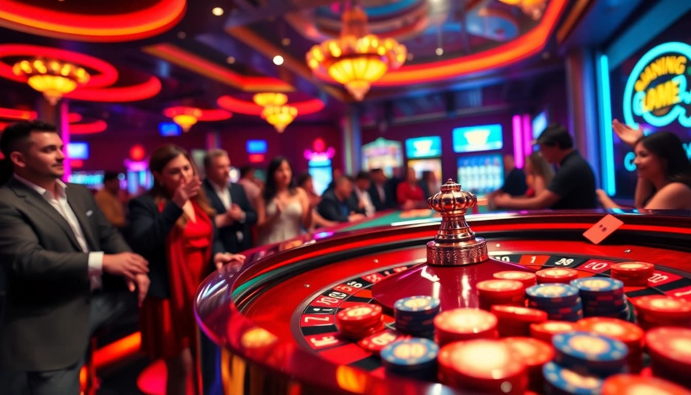 Erleben Sie casinospielen.de am Roulette Tisch mit lebhaften Spielern und bunten Chips.