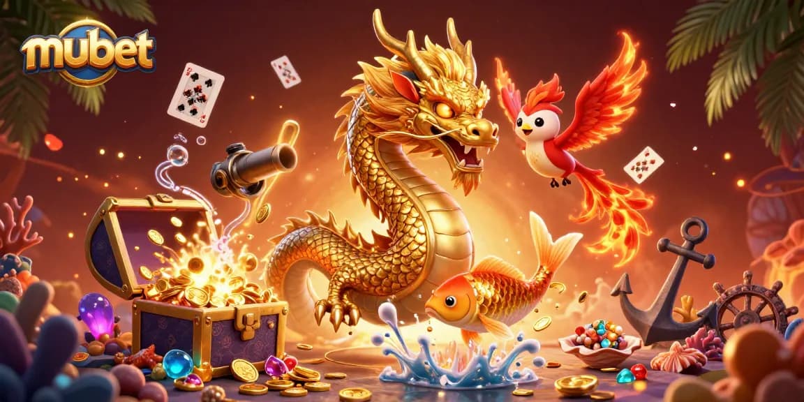 Experience winning thrills at mubet with a dynamic casino scene featuring a golden dragon and vibrant gaming elements.