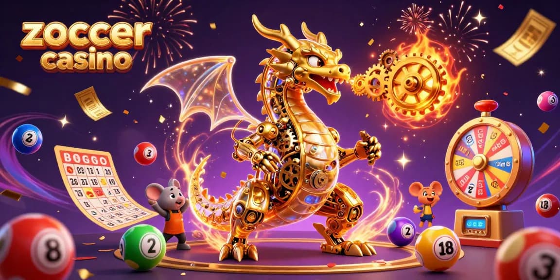 Zoccer casino brings excitement with vibrant lottery balls and dynamic 3D characters celebrating wins.