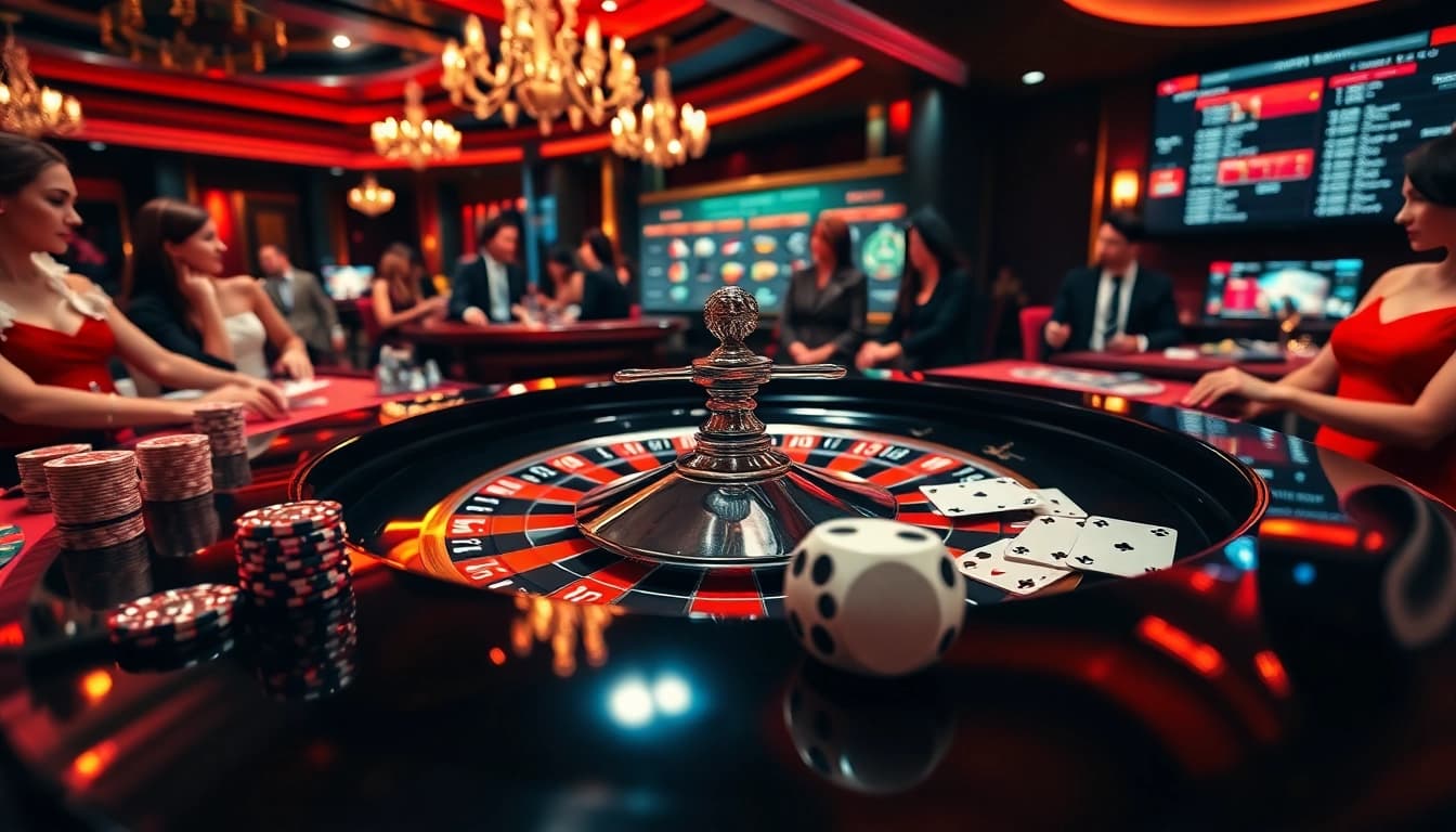 Engage with Nhà cái Luck8 as players gamble at a luxurious roulette table, featuring vibrant roulette wheels and sparkling chips.