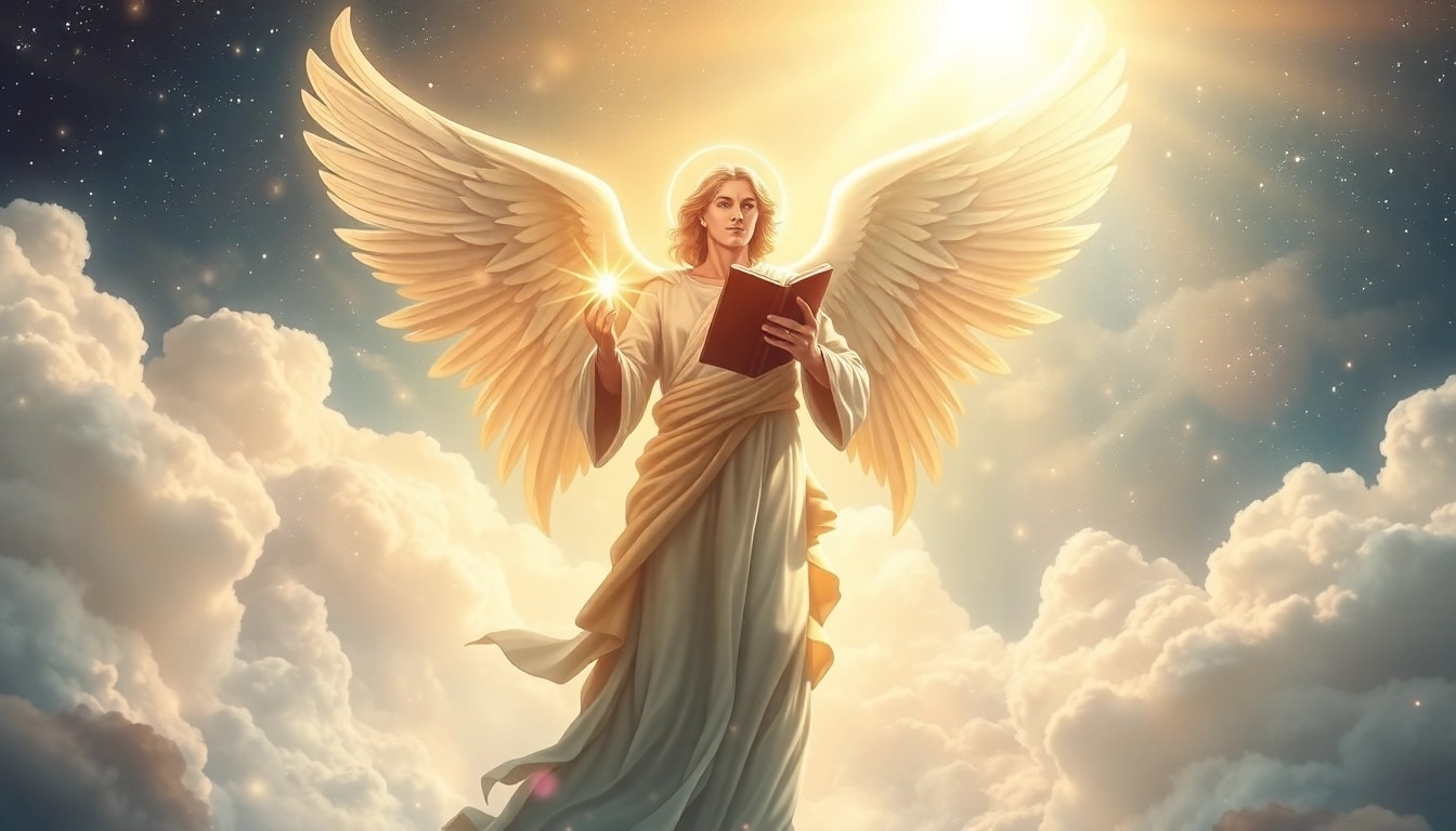 Erzengel Uriel erscheint majestätisch mit einem leuchtenden Buch in einem himmlischen Setting.
