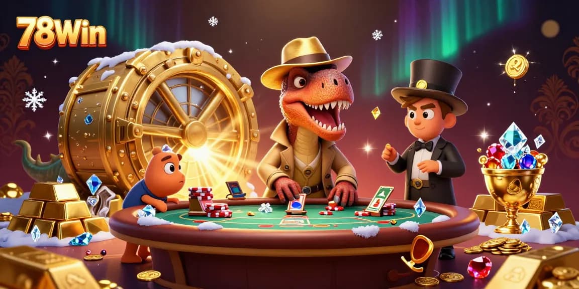 Immerse in 78Win's dynamic blackjack scene featuring a velociraptor card counter and colorful treasures.