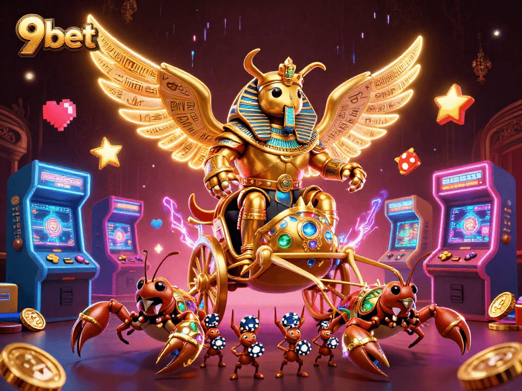 Experience thrilling gameplay and vibrant 9bet casino action with a dynamic scene featuring classic arcade games and unique characters.