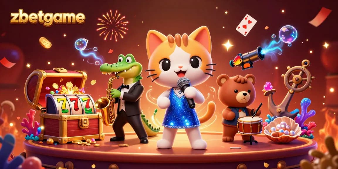 Playing games at zbetgame with fun characters, vibrant slots, and festive casino atmosphere.