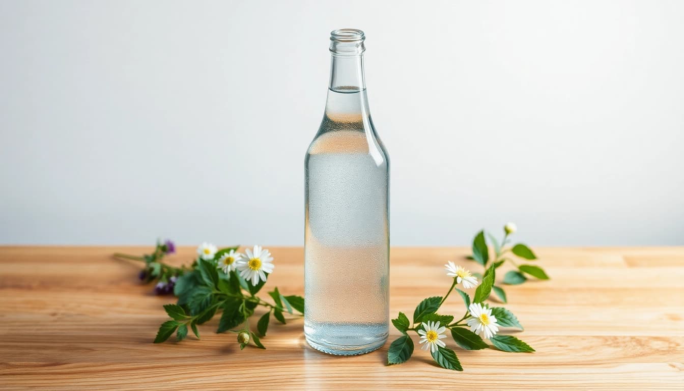 Erfrischendes Silberwasser in einer eleganten Flasche, umgeben von frischen Kräutern.