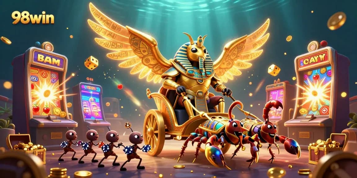 Experience the excitement of 98win with vibrant casino elements and engaging characters.