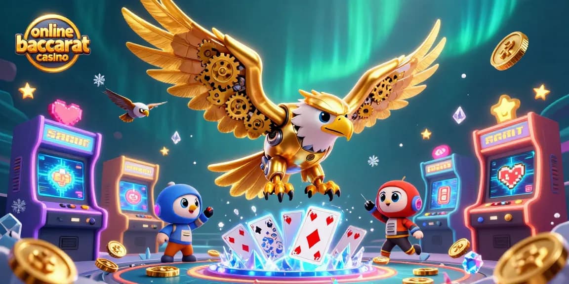 Engage with the online baccarat casino in a vibrant, animated scene filled with holographic cards and glowing game elements.