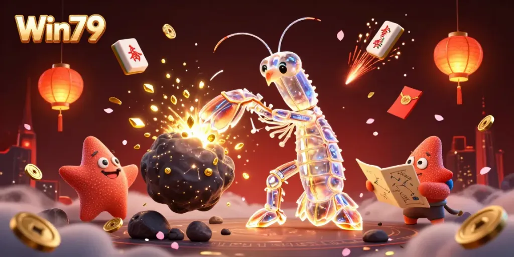 Win79 showcases a galactic samurai mantis shrimp amidst a cascade of golden gems and coins.
