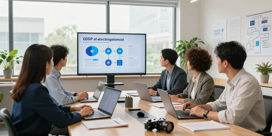 Startseite of a professional data protection consultation, showcasing a team discussing GDPR compliance in a modern office.