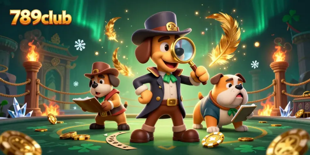 Engage in the vibrant world of 789club with a cartoon detective and golden poker chips.