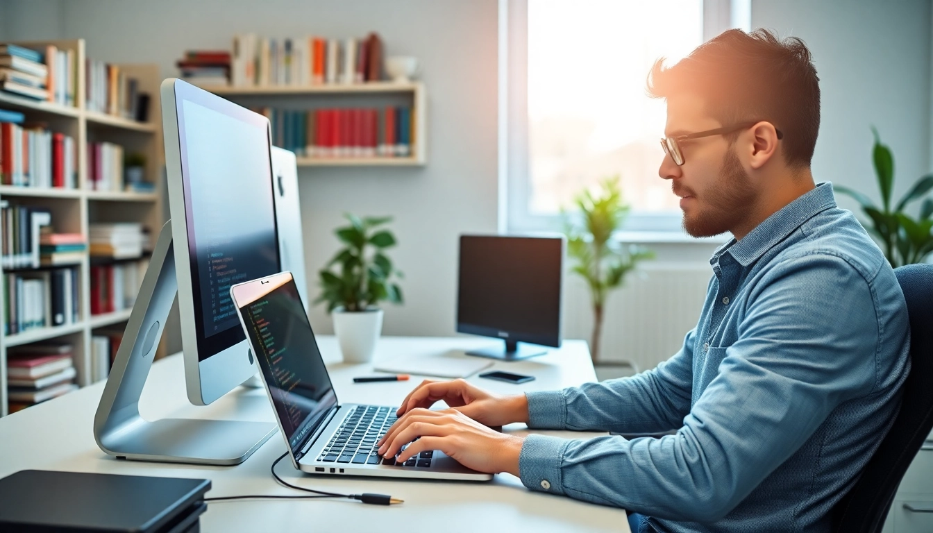 Der Shopware Freelancer arbeitet konzentriert an einem modernen Schreibtisch und präsentiert modernste Weblösungen.