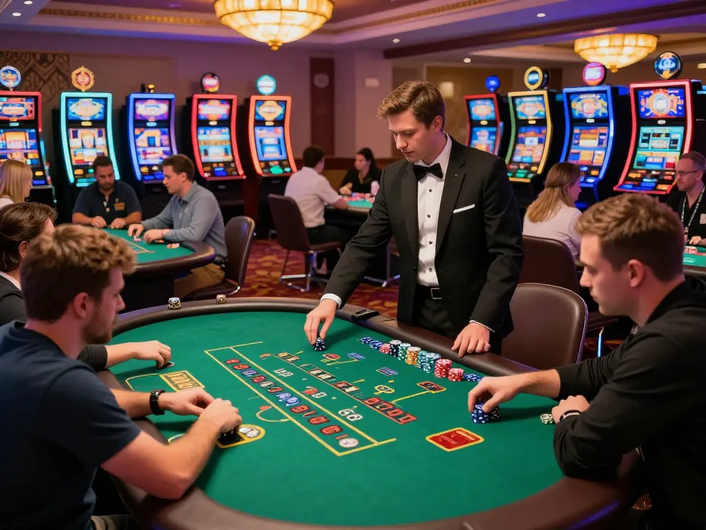 Nohu players strategizing at a lively blackjack table, surrounded by vibrant casino atmosphere.