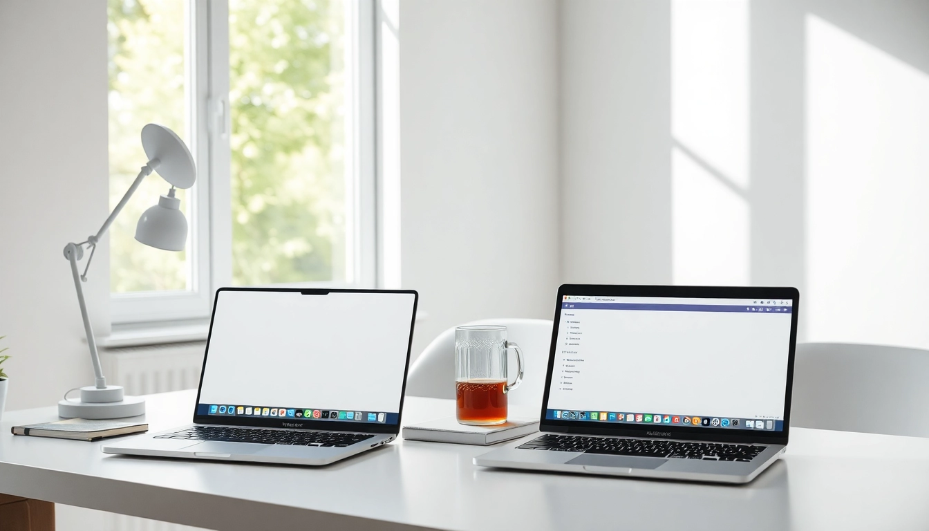 Präsentation der Office 2024 Mac Lizenz für MacBook Air und MacBook Pro M3 und M4 in einem modernen Büro-Setup.