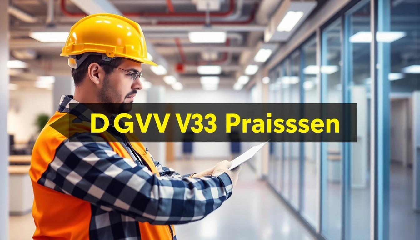 Highlighting a DGUV V3 Prüfung in progress, showcasing an electrician ensuring safety compliance with equipment in a modern office.