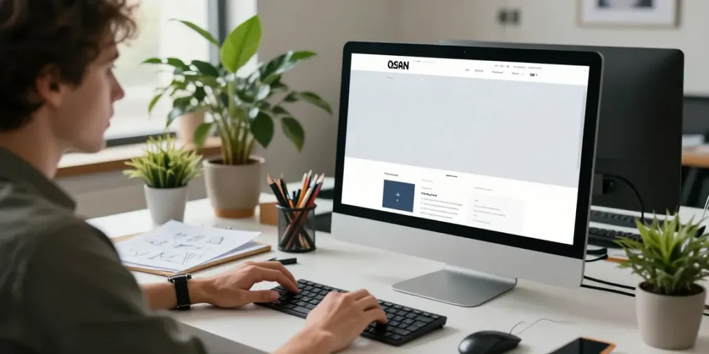 Webdesign Saarland: Designer erstellt moderne Webseiten in stilvollem Büro.