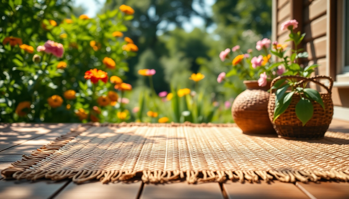 Hanfmatte auf einem Holzdeck im Garten mit floralen Akzenten und natürlichem Licht.