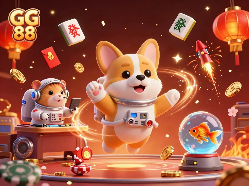 Experience the excitement of GG 88 in a vibrant casino scene with floating treasures and characters.