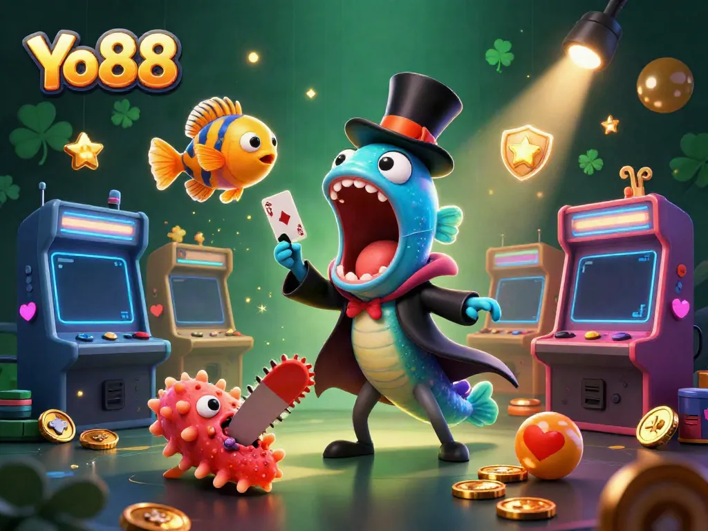 Yo88 features a bioluminescent eel performing magic tricks amidst vibrant game elements in a dazzling casino scene.