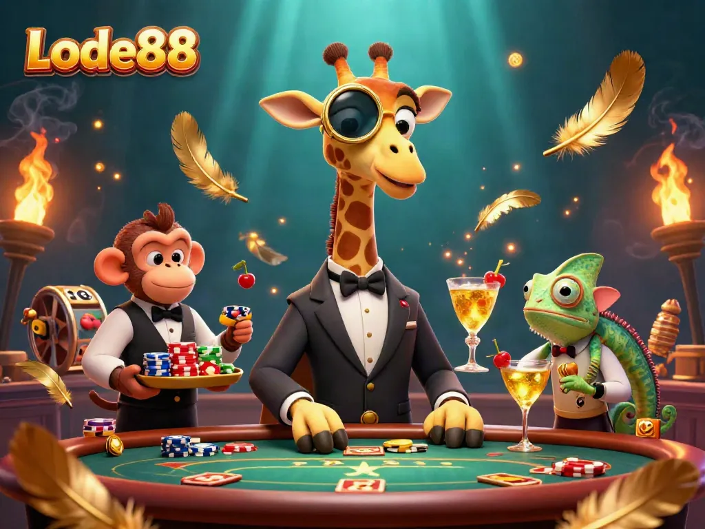 Experience thrilling gameplay at Lode88 with our high-roller giraffe and dynamic casino scene.