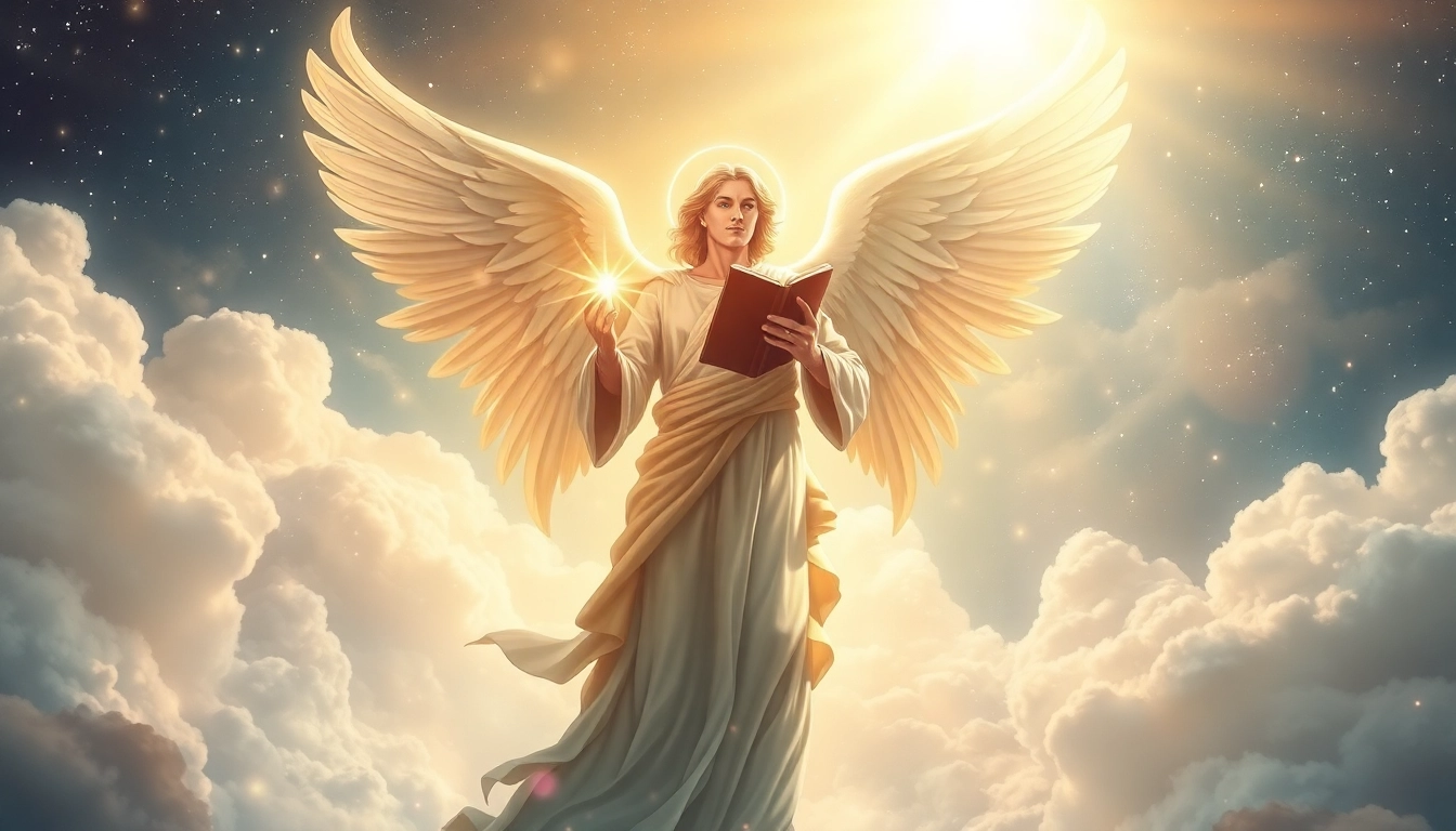 Erzengel Uriel erscheint majestätisch mit einem leuchtenden Buch in einem himmlischen Setting.