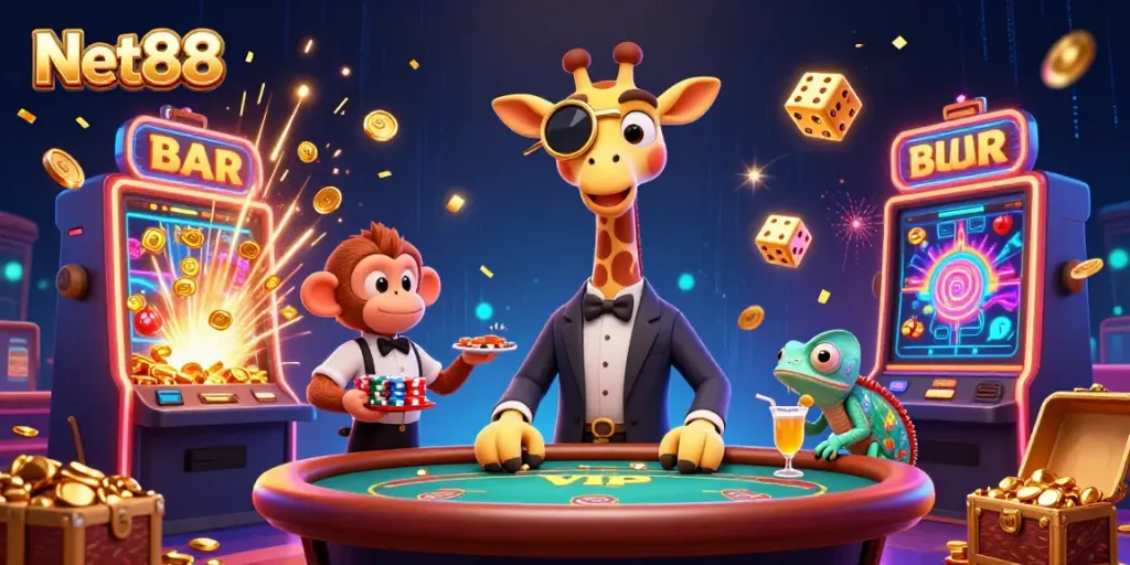 Experience the excitement of Net88 casino with a high-roller giraffe, lively monkey valet, and chameleon bartender amid jackpot winnings.