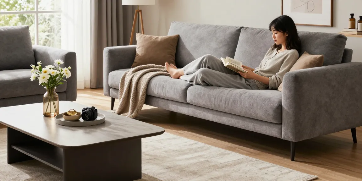 Ein modernes Wohnzimmer mit stilvollen Möbeln für möbel direkt bestellen, das ein gemütliches graues Sofa und lebendige Dekorelemente präsentiert.