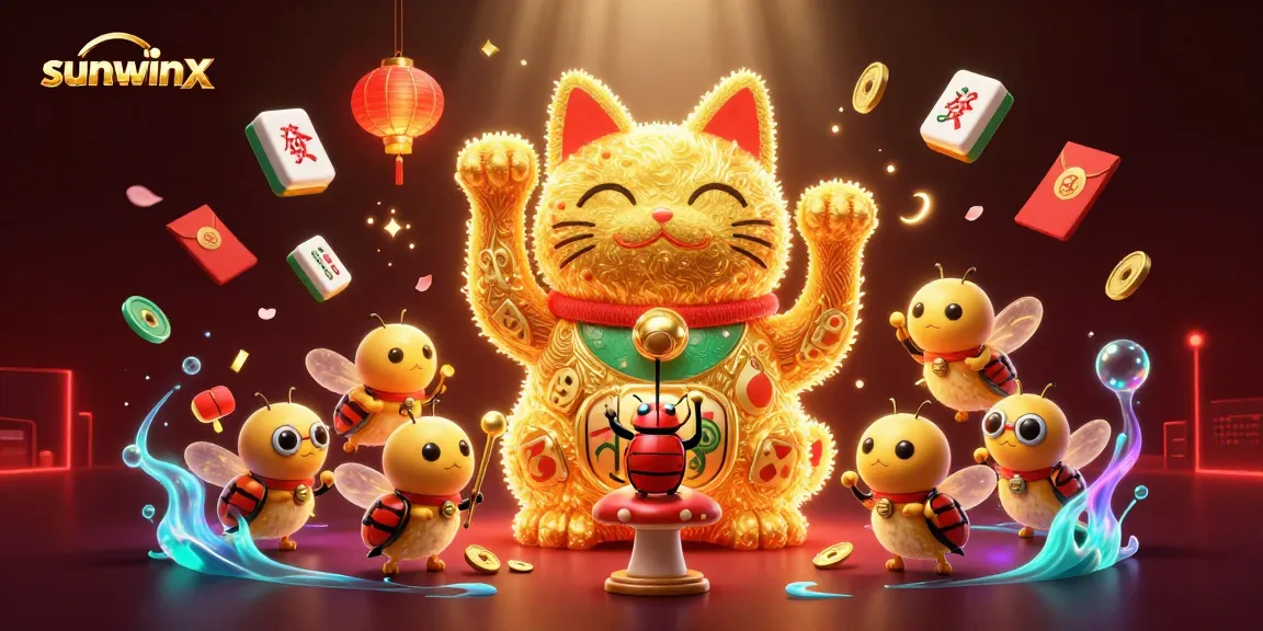 Experience big wins with the sunwinx giant lucky cat, surrounded by vibrant casino elements.