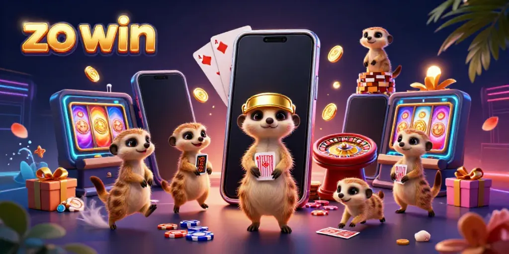 Experience the excitement of zo win with meerkats operating a lively casino, showcasing vibrant games and colorful scenes.
