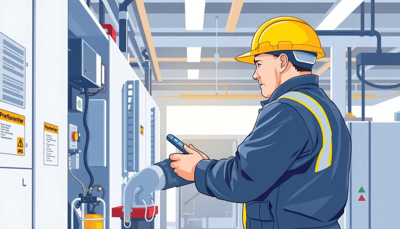 Worker performing DGUV V3 Prüfung on electrical equipment ensuring workplace safety.