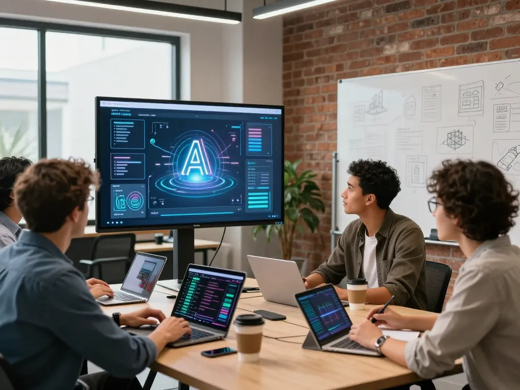 Team collaborating on motion control ai project in a modern tech workspace.