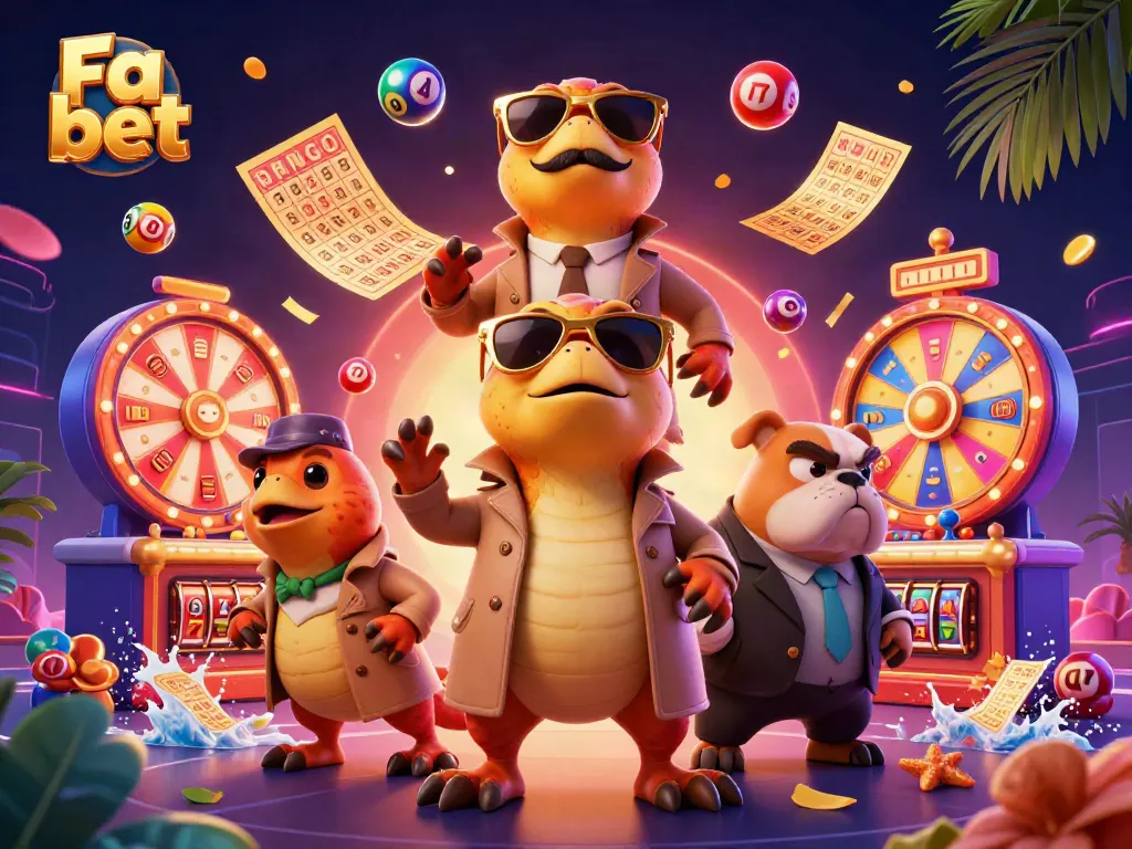 Experience the excitement of Fa bet with cartoon raptors entering a casino, surrounded by vibrant gaming elements.