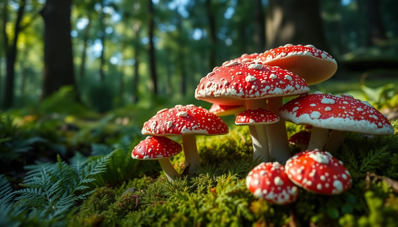 Amanita muscaria kaufen: Close-up of vibrant red mushrooms in a serene forest.