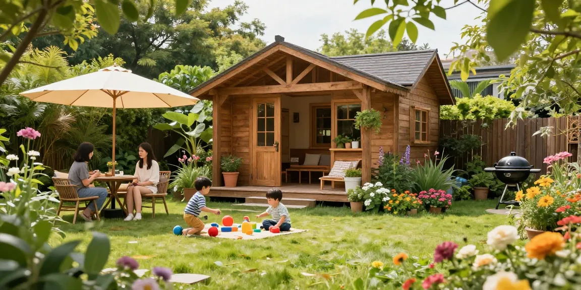 Hölzernes Gartenhaus mit bunten Blumen und einer Familie, die im Garten entspannt, Gartenhaus Holz.
