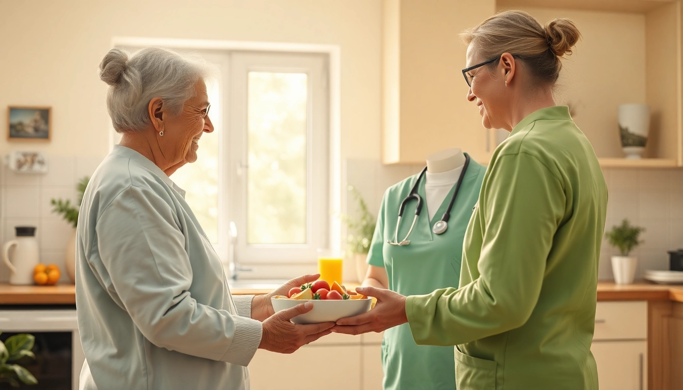 Pflegedienst: Eine Pflegekraft unterstützt liebevoll einen älteren Menschen bei der Zubereitung einer Mahlzeit.