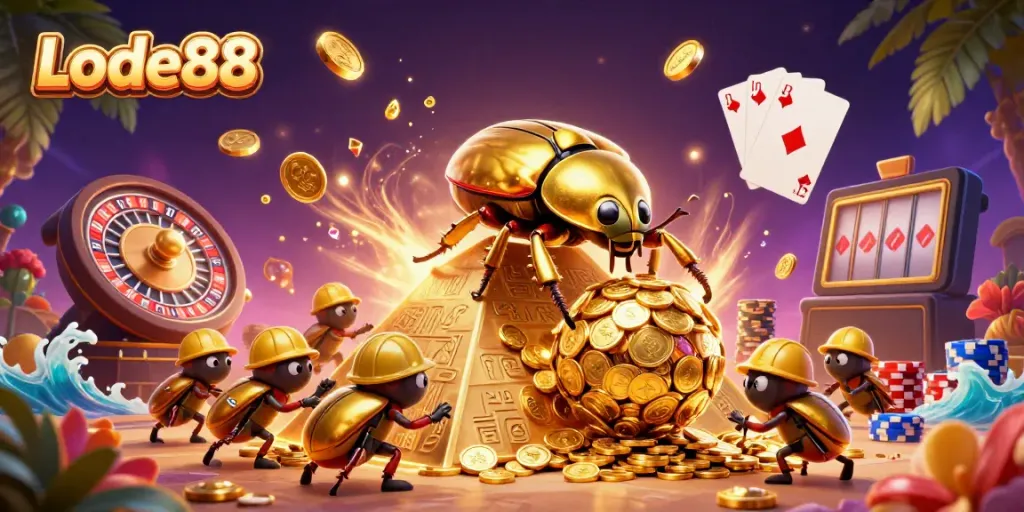 Experience Lode88's enchanting casino scene with golden beetles and vibrant gaming elements.