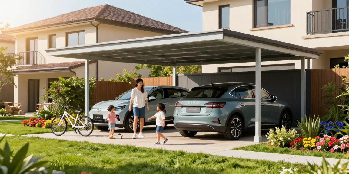 Moderne Carport-Installation mit Familie, die im Freien spielt, im Hintergrund blühende Gärten.