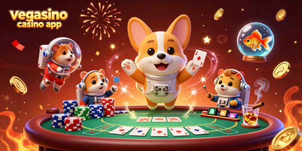 Experience the excitement of vegasino casino app with a floating corgi and colorful casino elements.