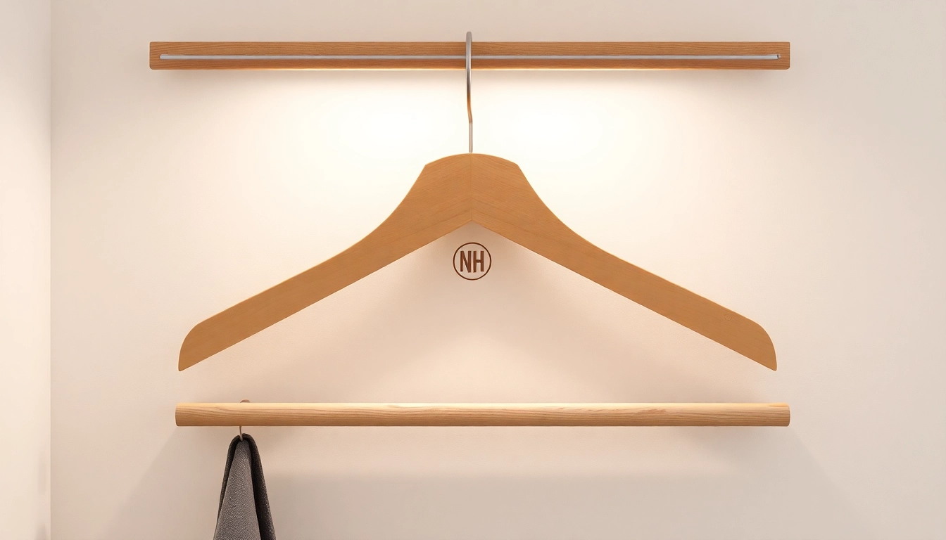 Kleiderbügel mit eigenem Logo präsentieren stilvoll maßgeschneiderte Designs aus hochwertigem Holz.