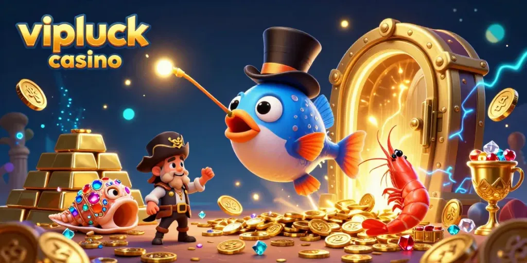 Engage with the excitement of vipluck casino, featuring an anglerfish and pirate shrimp in a treasure-filled underwater scene.