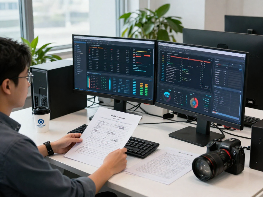 Data analyst engaged in document fraud detection at a modern workspace with AI algorithms visible on screens