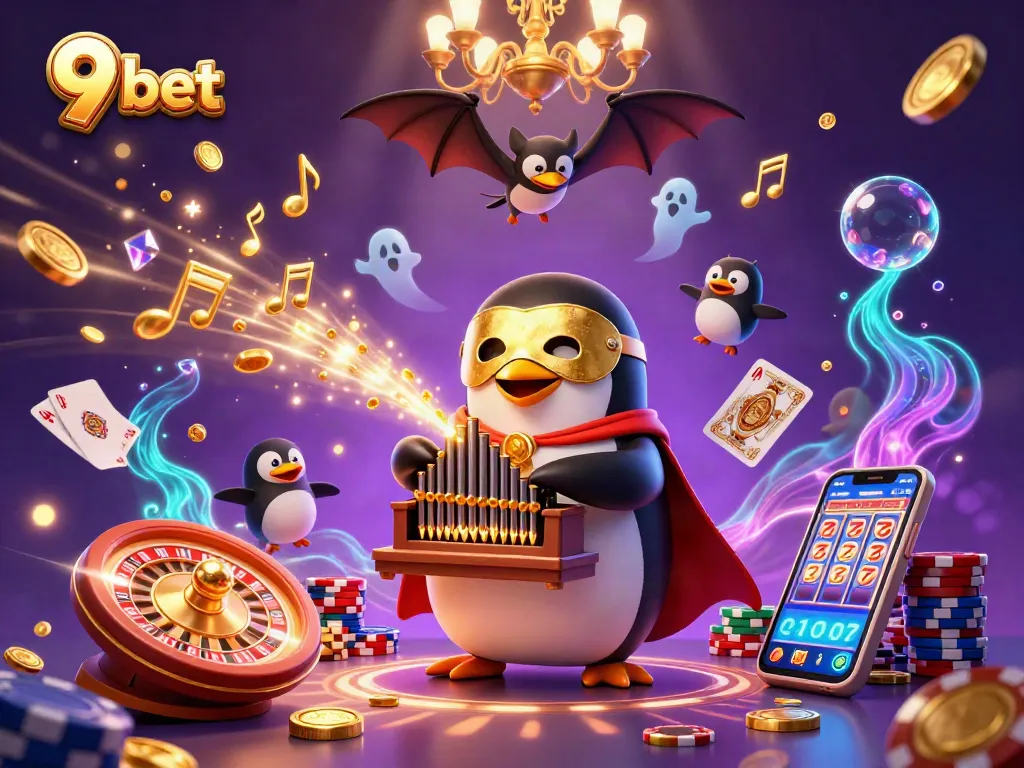 Experience the excitement of 9 bet with a vivid scene of a cartoon penguin, casino elements, and animated gold coins.