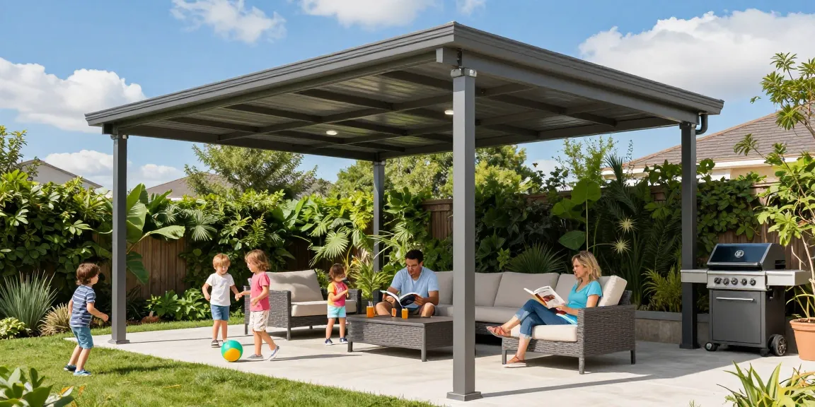 Moderne Terrassenüberdachung mit Familie, die eine sonnige Nachmittagszeit auf der Terrasse genießt.