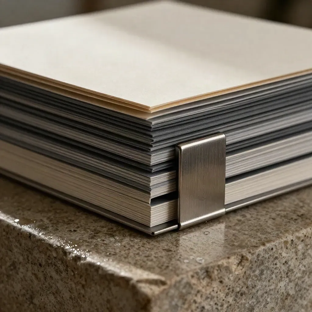 Graphitfarbene Archivmappen mit Metallklemme auf nassem Stein im Makrolicht.