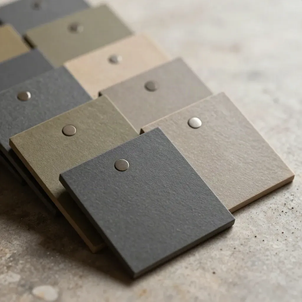 Makro von Tag-Kacheln und Magnetplatten um einen Schieferkern in Graphit und Khaki.