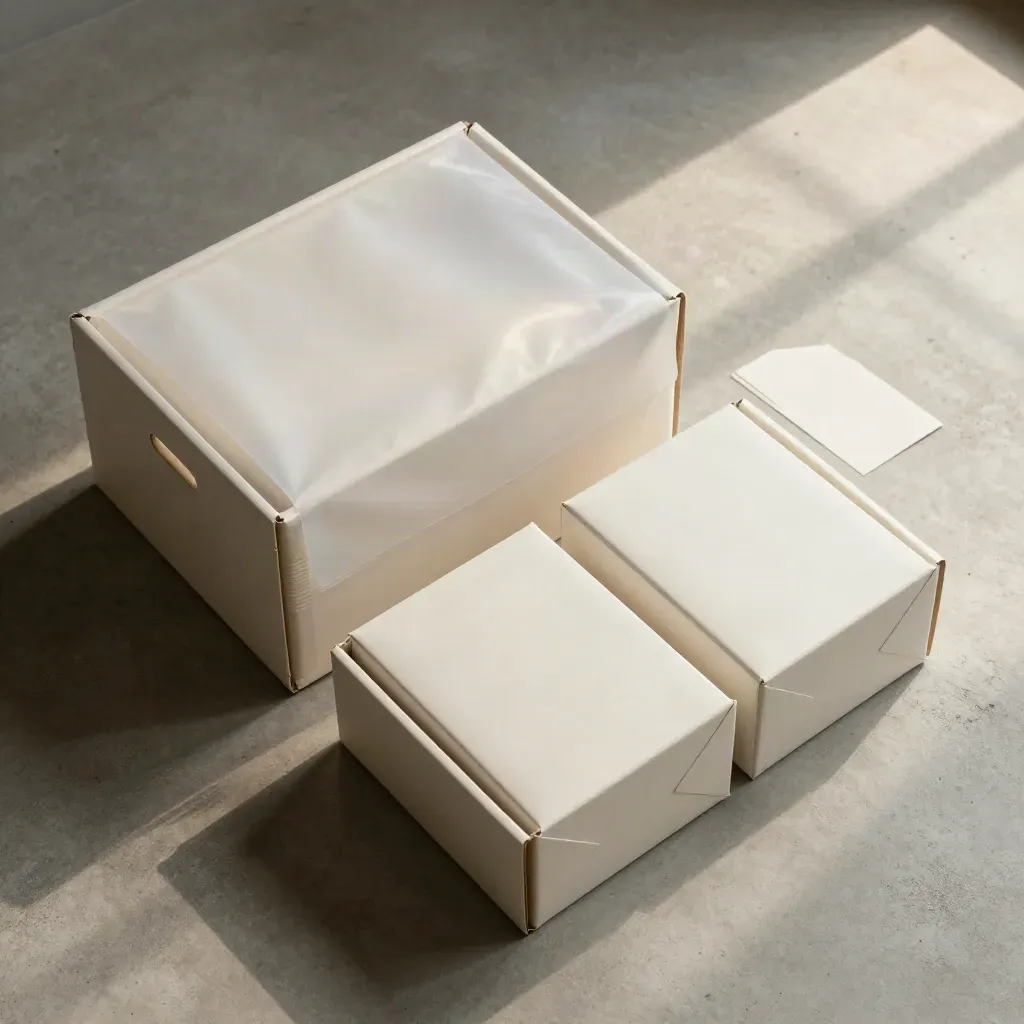 Satinweiße Export-Boxen und Hüllen auf hellem Beton, von oben präzise angeordnet.