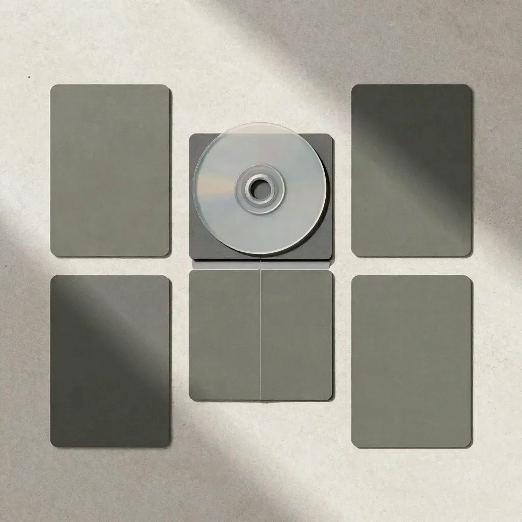Grafische Flatlay mit Karten, Prüf-Disc und Trennstreifen auf hellem Beton.