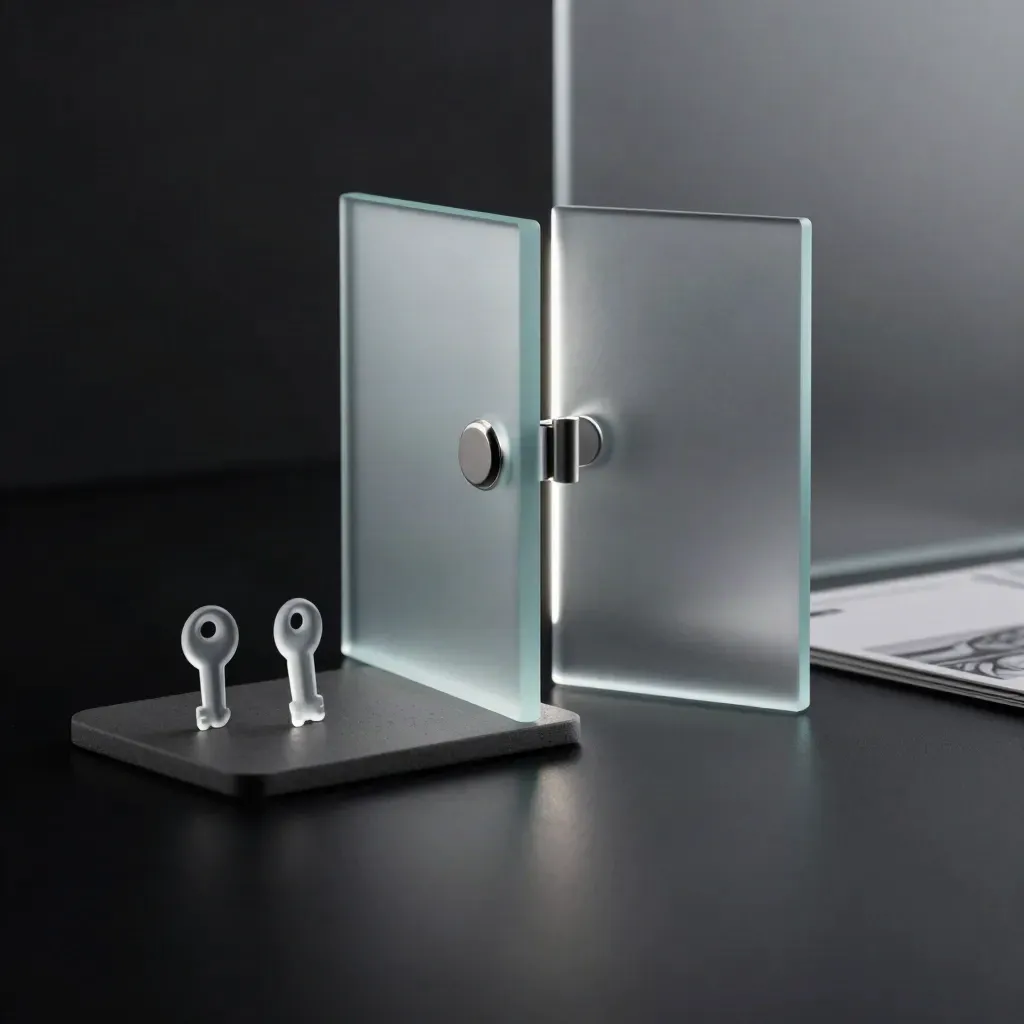 Frostige Glas-Schranke mit zwei kleinen Tokens auf dunkler Fläche, dramatisch beleuchtet.